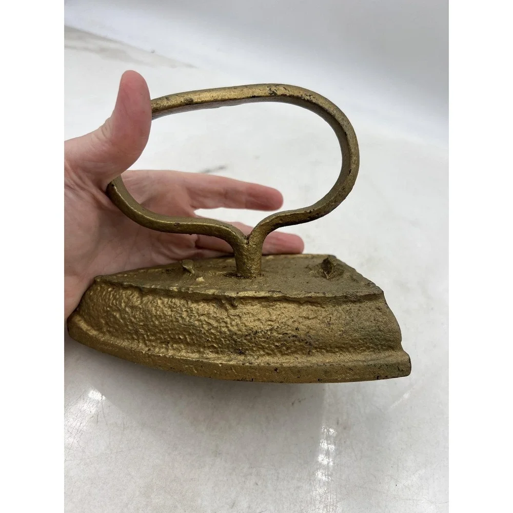 Vintage Cast Iron Sad Iron Gold Painted Doorstop Primitive Antique Decor 6